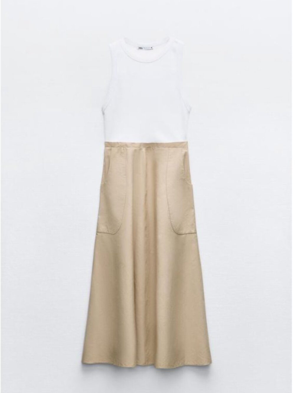 Zara Matching Pocket Midi Dress Camel/White S